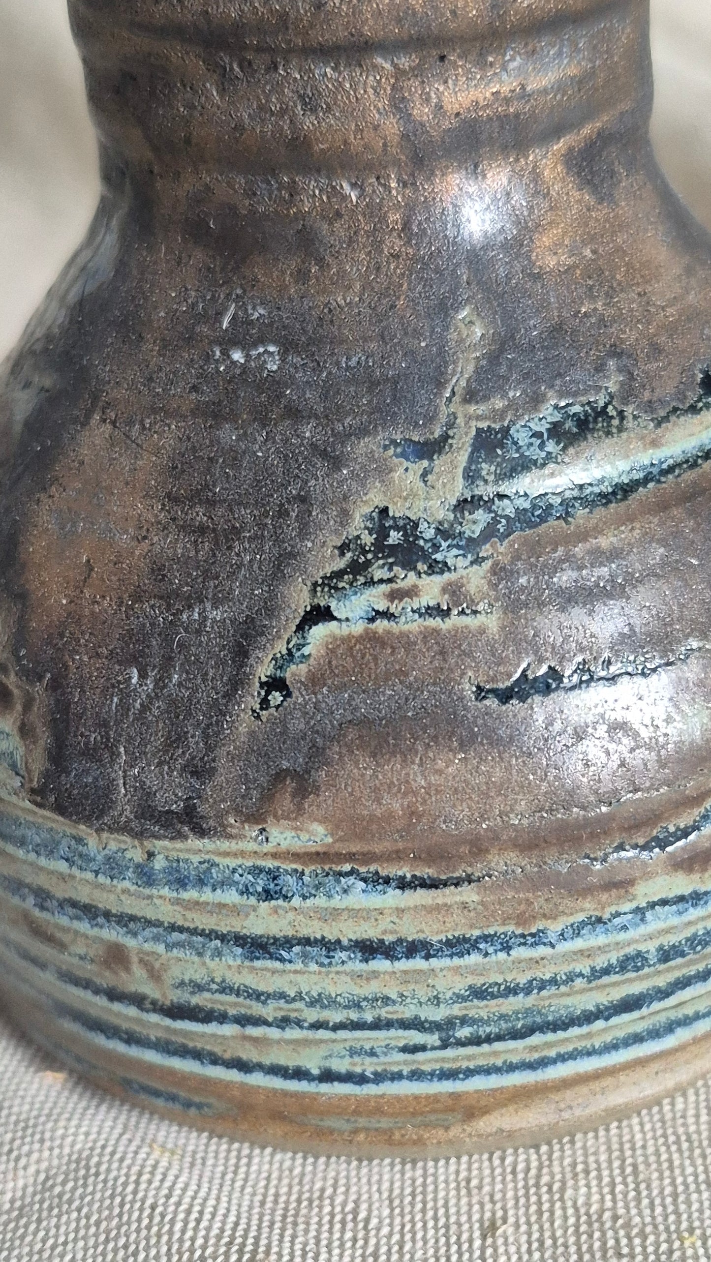 Textured Bottle Neck Vase in Aged Blue with Aged Gold Band