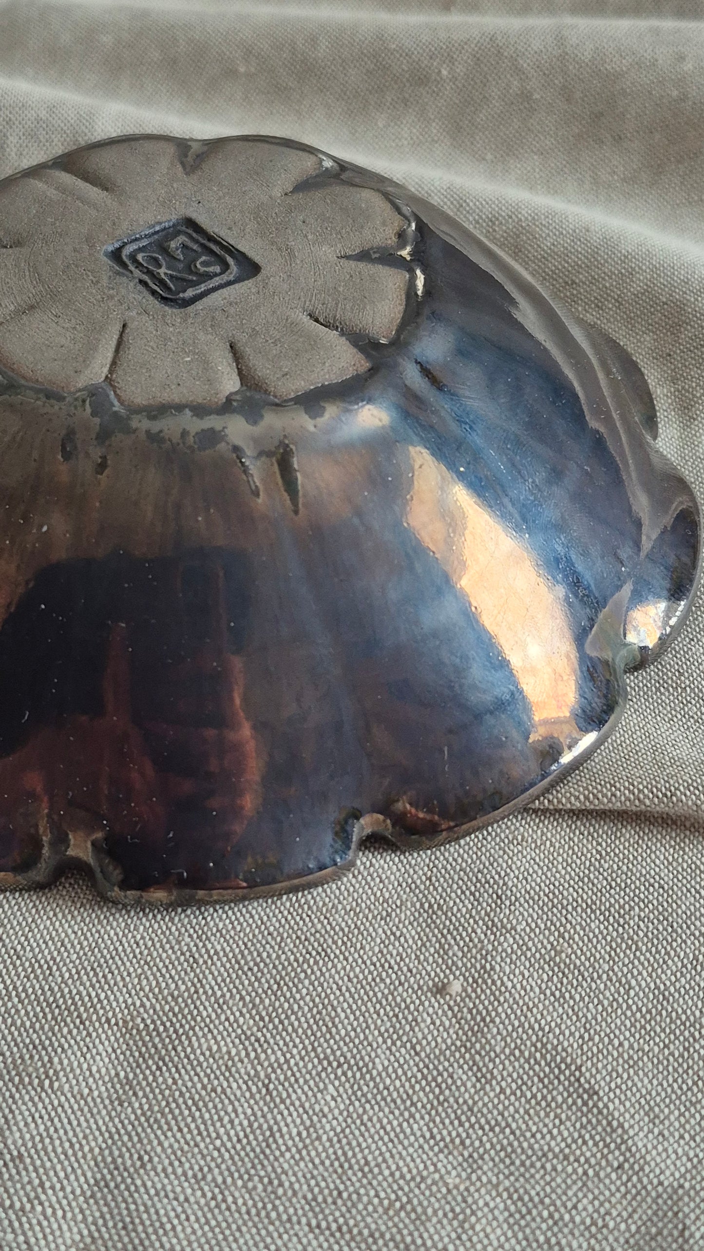 Nine Petal Flower Bowl in Tarnished Silver and Deep Blue Interior