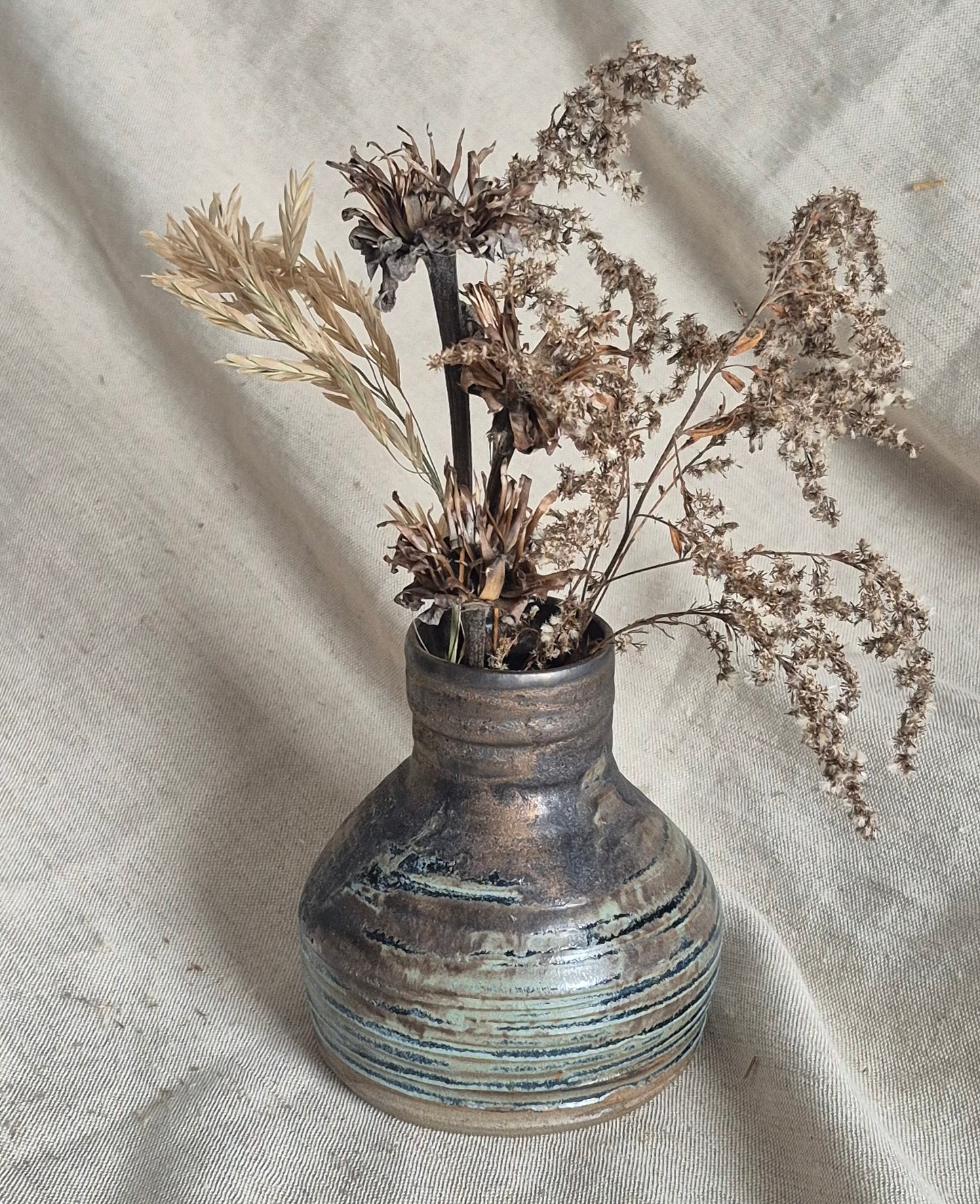 Textured Bottle Neck Vase in Aged Blue with Aged Gold Band