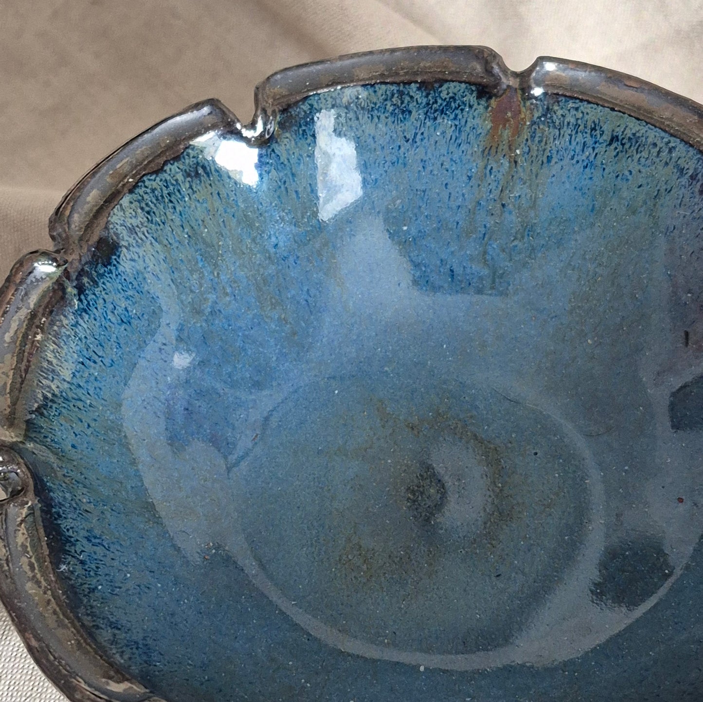 Nine Petal Flower Bowl in Tarnished Silver and Deep Blue Interior