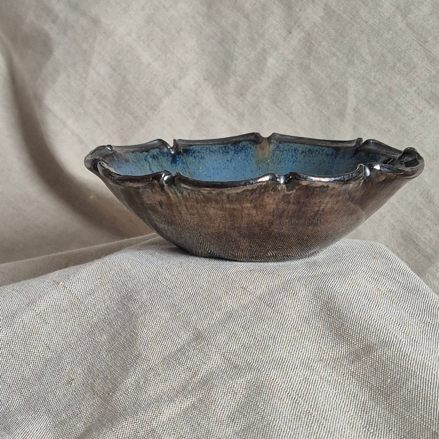 Nine Petal Flower Bowl in Tarnished Silver and Deep Blue Interior