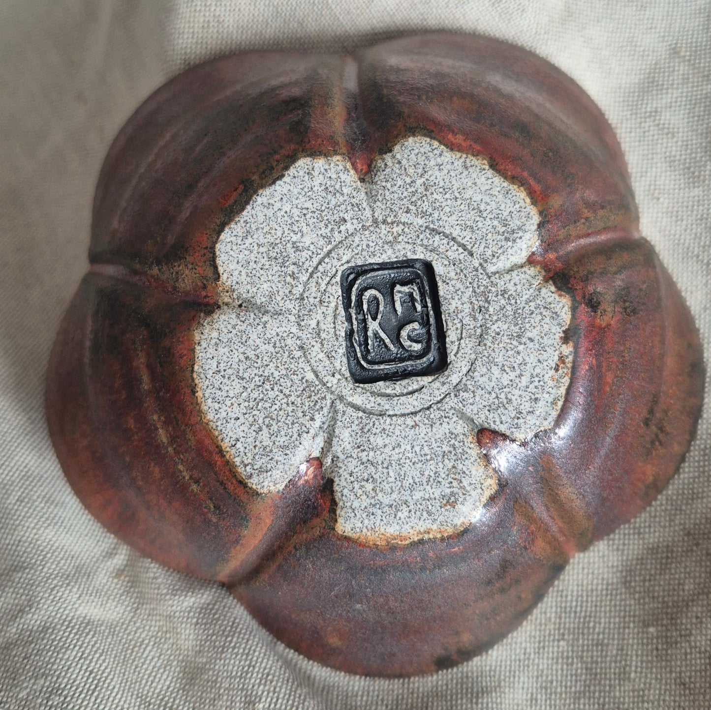 Five Petal Flower Bowl in Copper with Weeping Plum Interior