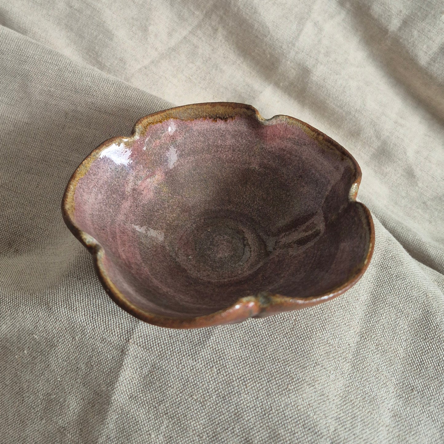 Five Petal Flower Bowl in Copper with Weeping Plum Interior