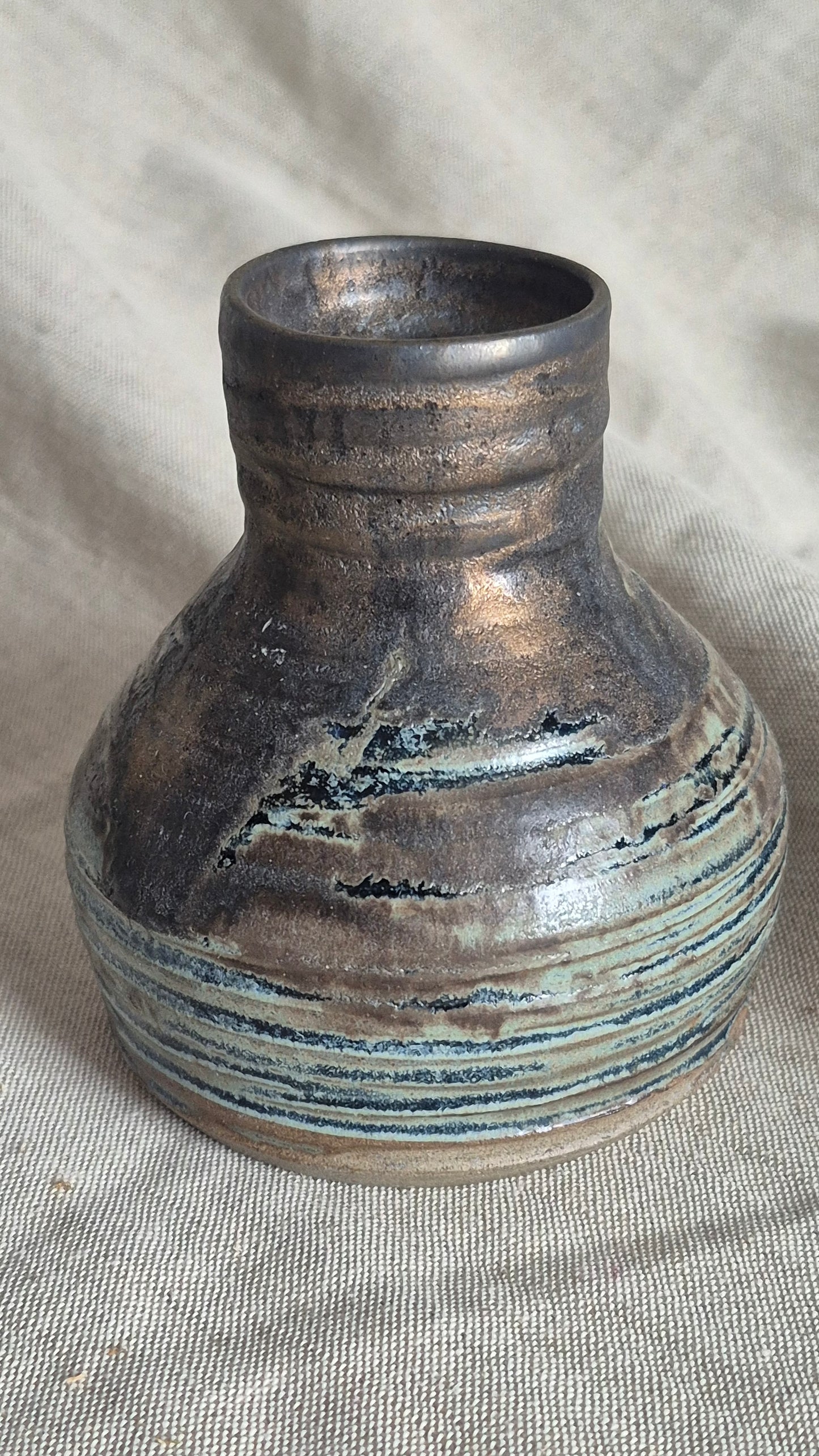 Textured Bottle Neck Vase in Aged Blue with Aged Gold Band