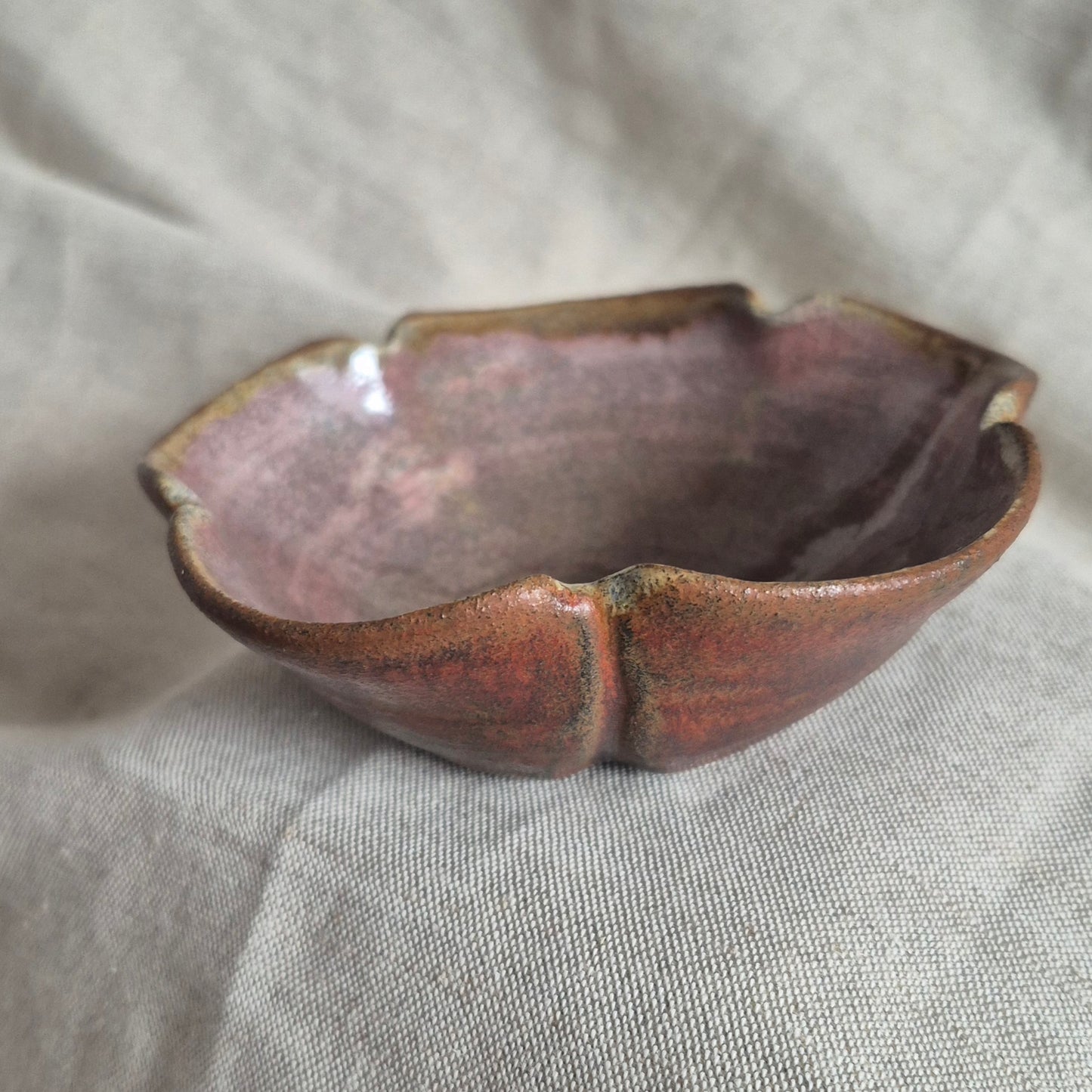 Five Petal Flower Bowl in Copper with Weeping Plum Interior