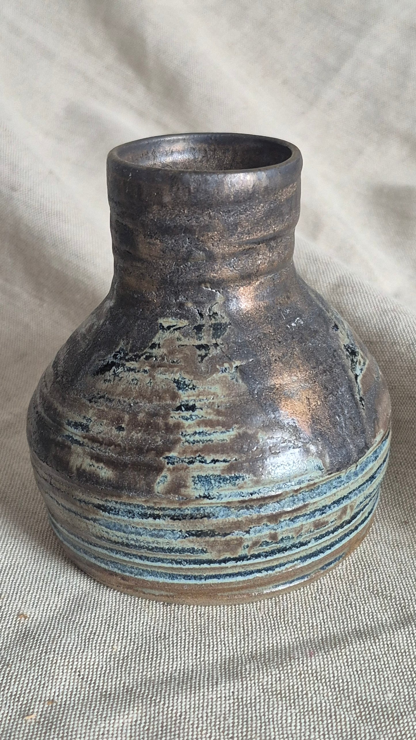 Textured Bottle Neck Vase in Aged Blue with Aged Gold Band