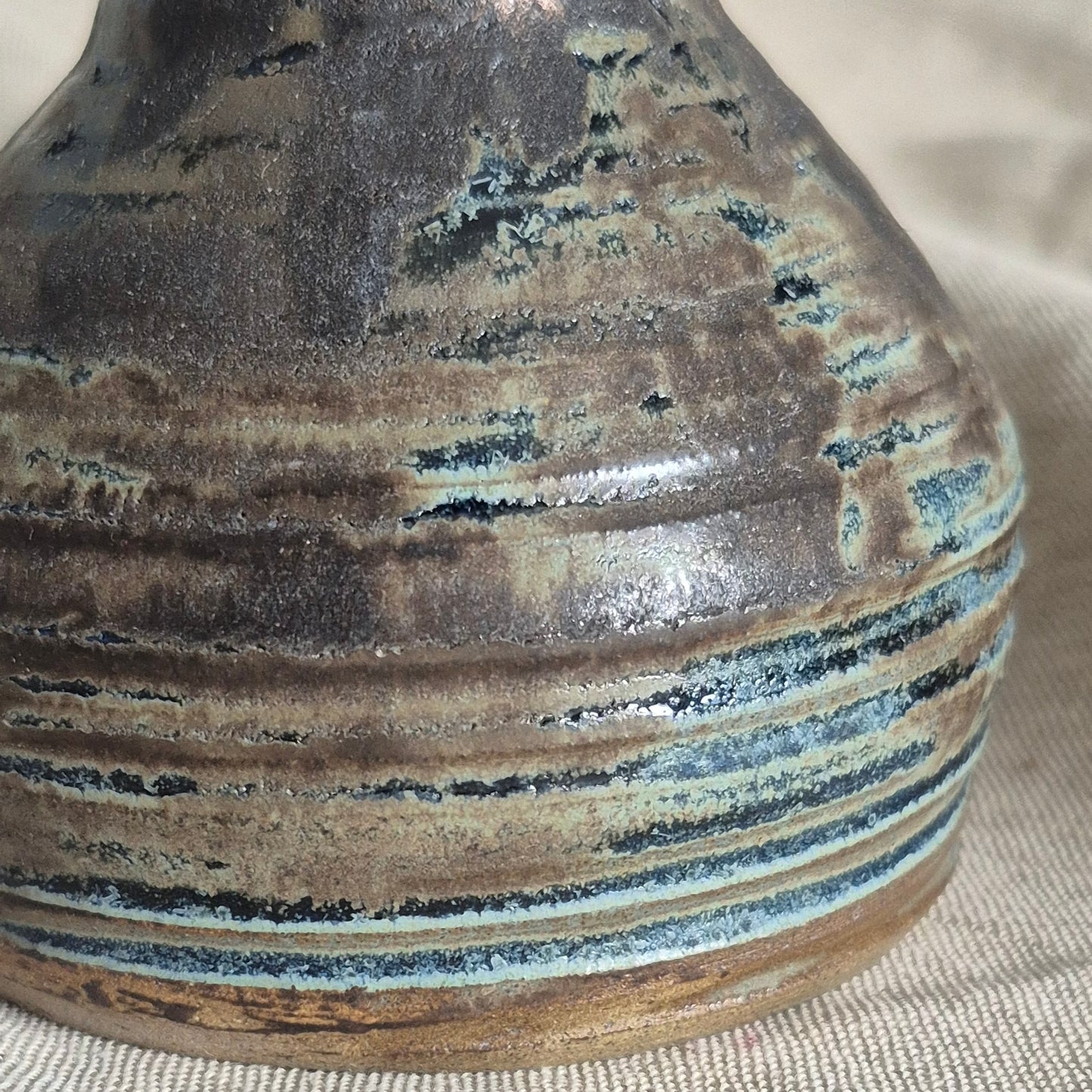 Textured Bottle Neck Vase in Aged Blue with Aged Gold Band