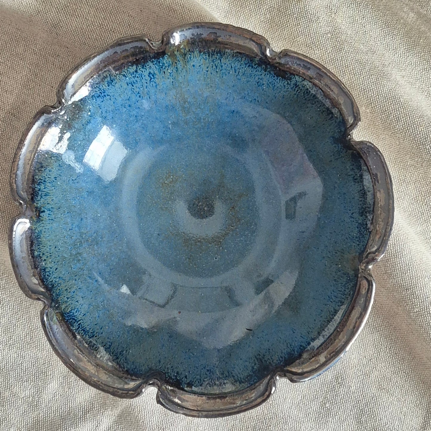 Nine Petal Flower Bowl in Tarnished Silver and Deep Blue Interior