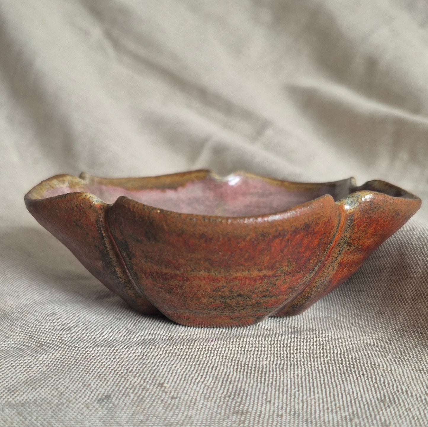 Five Petal Flower Bowl in Copper with Weeping Plum Interior