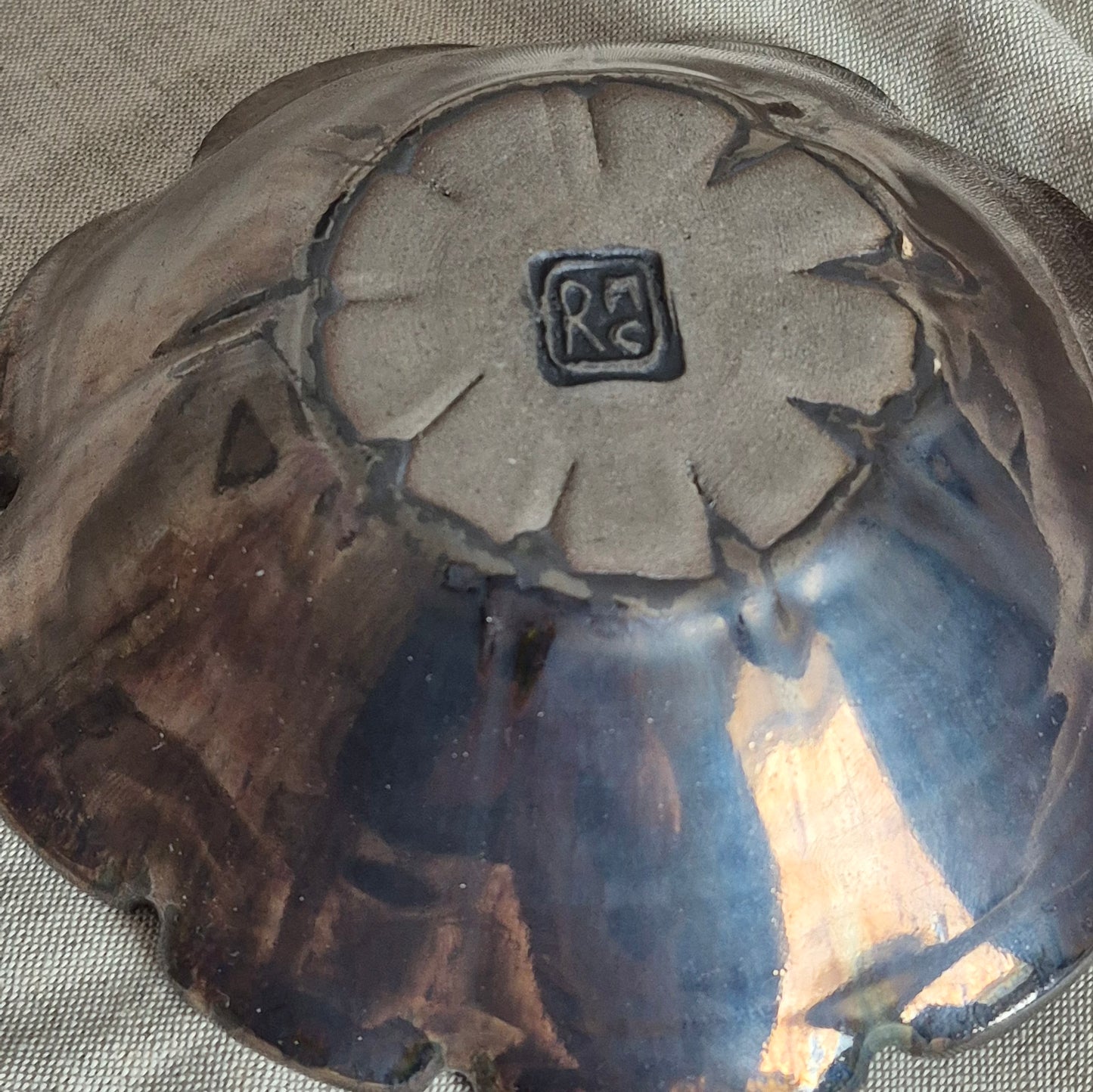 Nine Petal Flower Bowl in Tarnished Silver and Deep Blue Interior