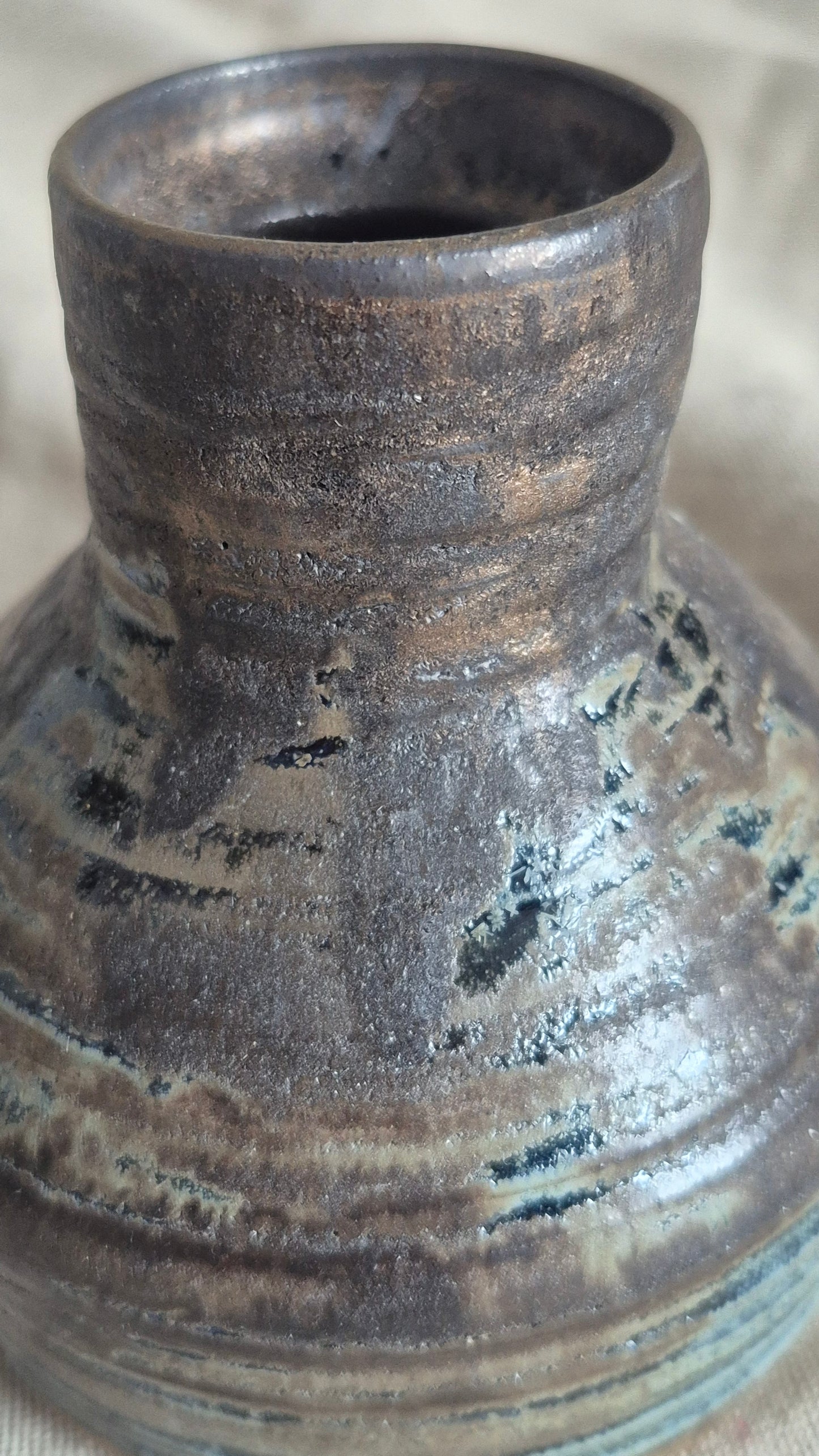 Textured Bottle Neck Vase in Aged Blue with Aged Gold Band